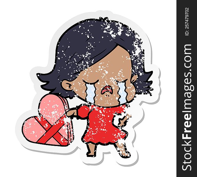 distressed sticker of a cartoon girl crying over valentines