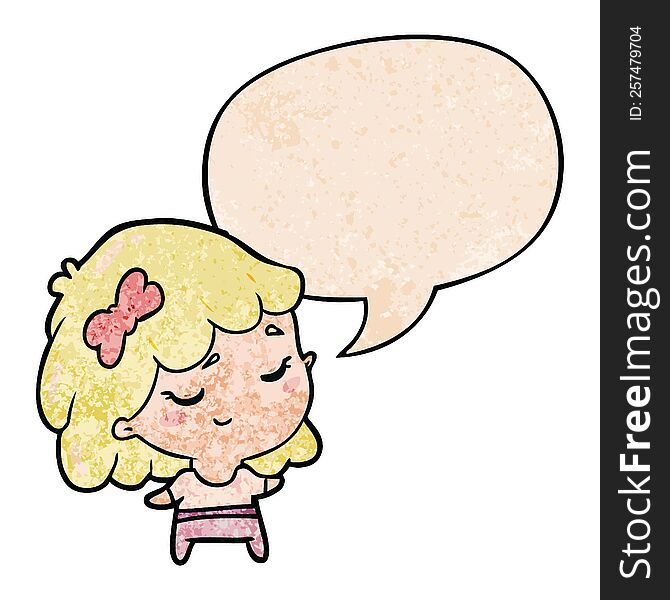 Cute Cartoon Happy Girl And Speech Bubble In Retro Texture Style