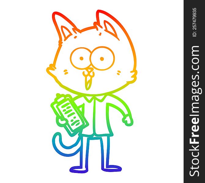 rainbow gradient line drawing of a funny cartoon cat wearing shirt and tie