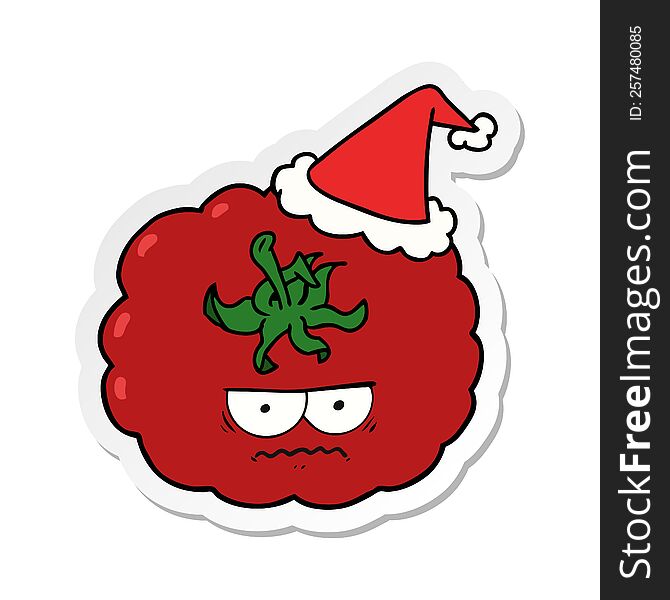 hand drawn sticker cartoon of a angry tomato wearing santa hat