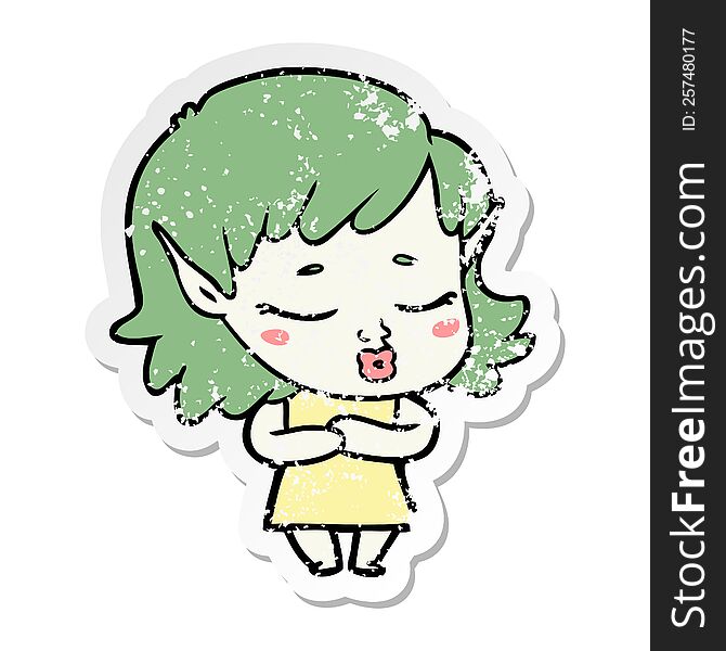 Distressed Sticker Of A Shy Cartoon Elf Girl