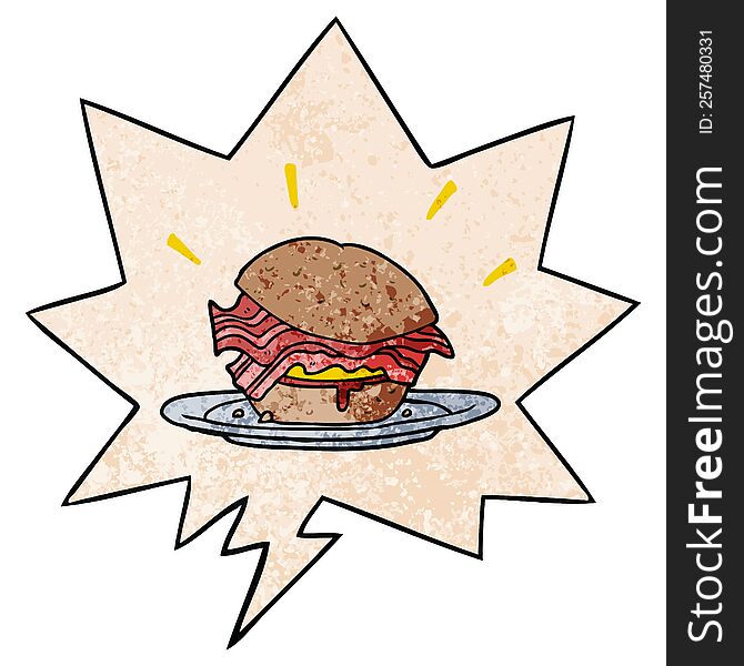 cartoon amazingly tasty bacon breakfast sandwich with cheese with speech bubble in retro texture style