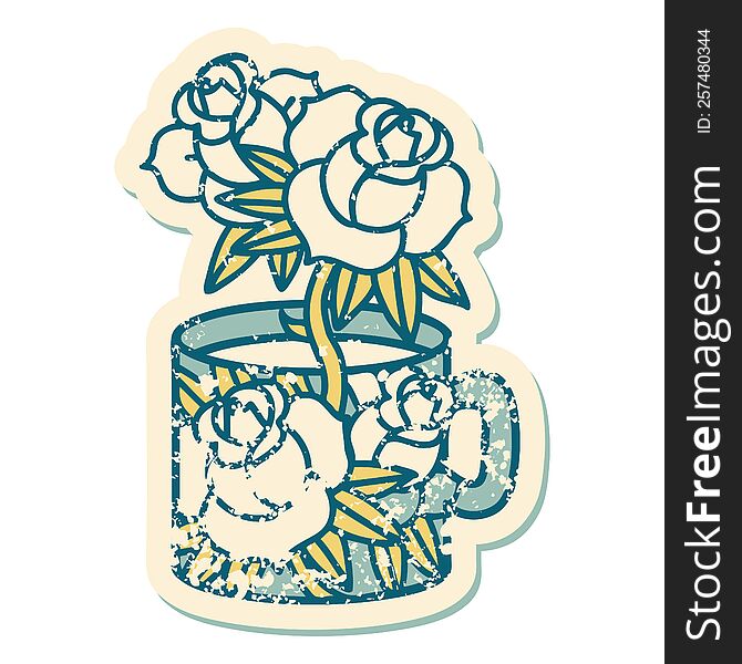 Distressed Sticker Tattoo Style Icon Of A Cup And Flowers