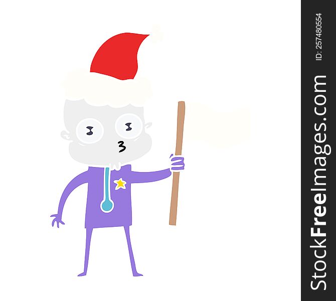hand drawn flat color illustration of a weird bald spaceman with flag wearing santa hat