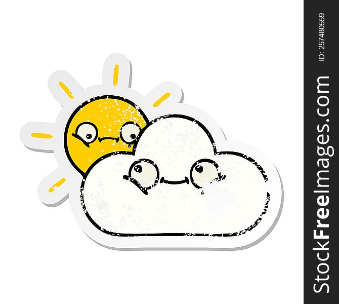 distressed sticker of a cute cartoon sunshine and cloud