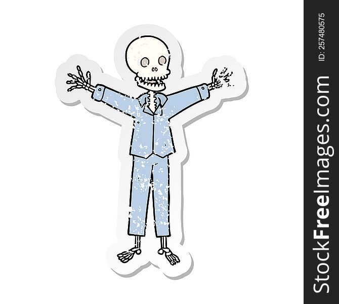 distressed sticker of a cartoon skeleton wearing pajamas