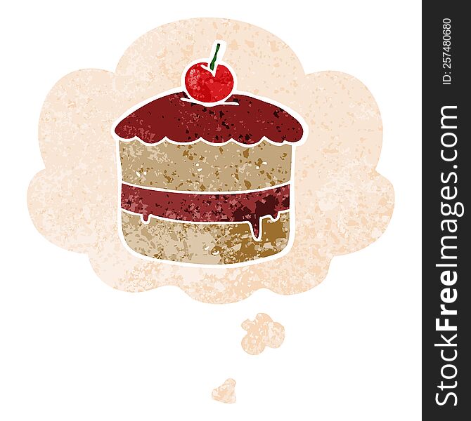 cartoon cake with thought bubble in grunge distressed retro textured style. cartoon cake with thought bubble in grunge distressed retro textured style