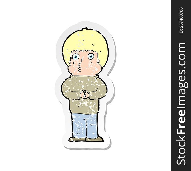 retro distressed sticker of a cartoon shy boy