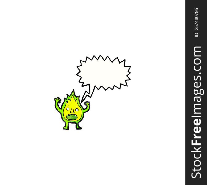 cartoon green fire creature with speech bubble