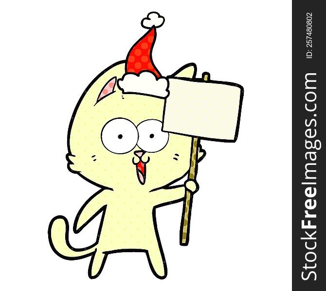 Funny Comic Book Style Illustration Of A Cat With Sign Wearing Santa Hat