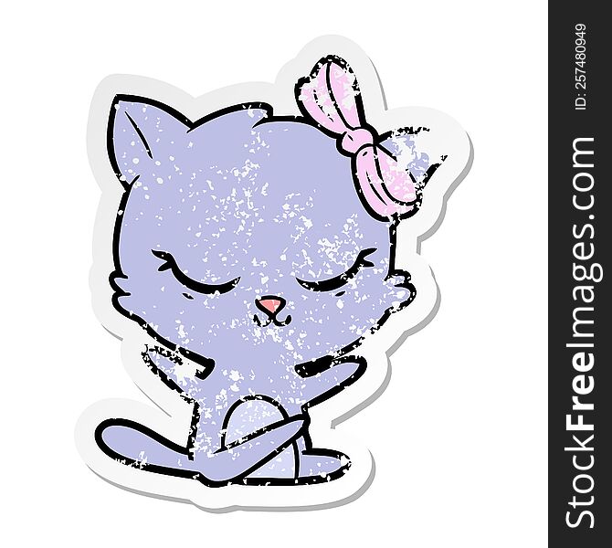 Distressed Sticker Of A Cute Cartoon Cat With Bow