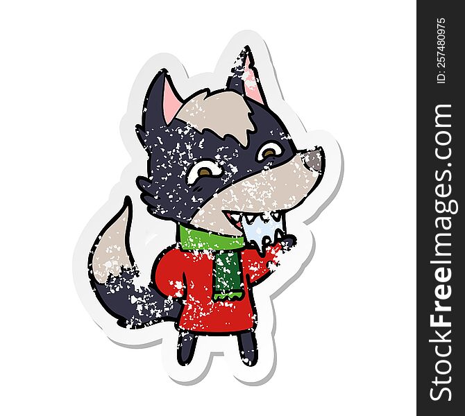 distressed sticker of a cartoon hungry wolf in winter clothes