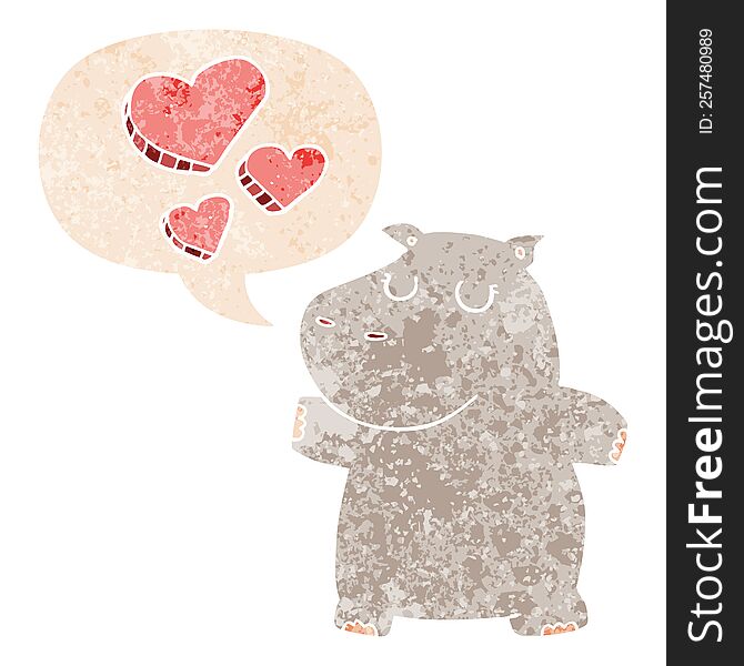 Cartoon Hippo In Love And Speech Bubble In Retro Textured Style