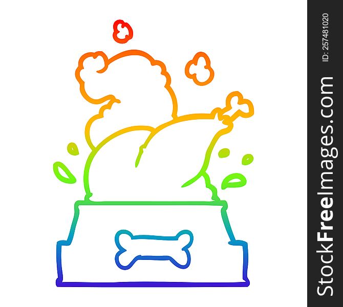 rainbow gradient line drawing of a whole cooked turkey crammed into a dog bowl for a happy christmas pup