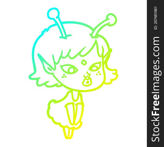 Cold Gradient Line Drawing Pretty Cartoon Alien Girl