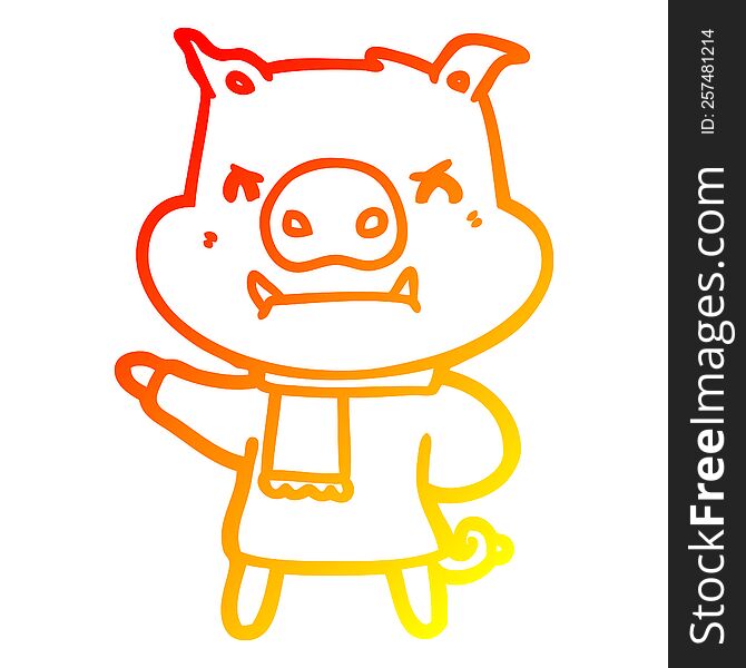 Warm Gradient Line Drawing Angry Cartoon Pig In Winter Clothes