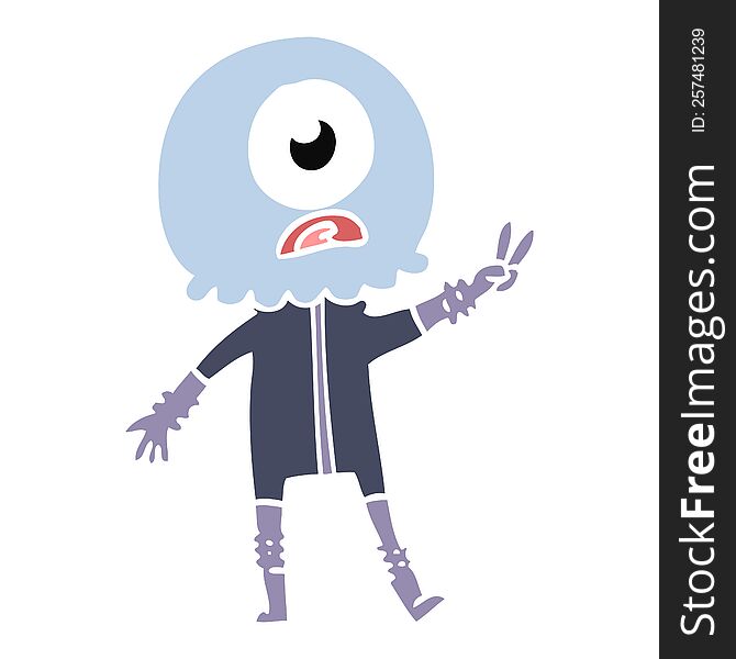 flat color style cartoon cyclops alien spaceman giving peace sign
