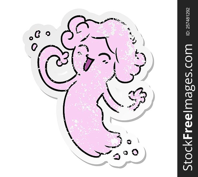 hand drawn distressed sticker cartoon doodle of a happy pink ghost