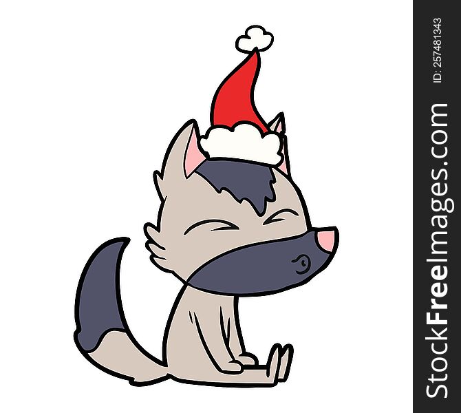 Line Drawing Of A Wolf Whistling Wearing Santa Hat
