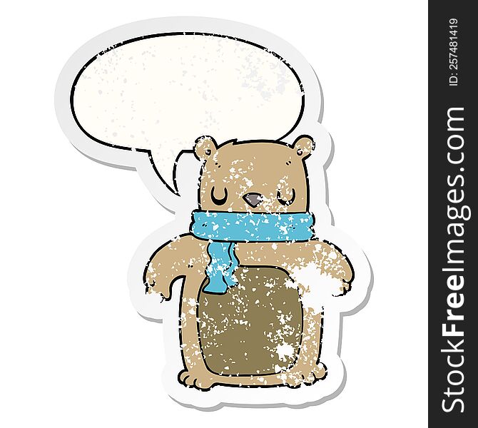 Cartoon Bear And Scarf And Speech Bubble Distressed Sticker