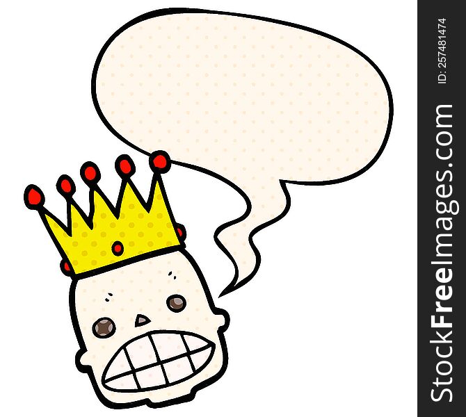 Cartoon Spooky Skull Face And Crown And Speech Bubble In Comic Book Style