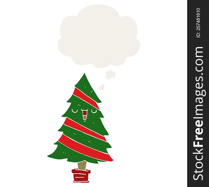 cartoon christmas tree with thought bubble in retro style