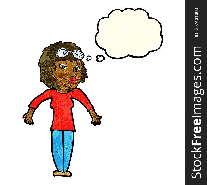 cartoon woman wearing goggles with thought bubble