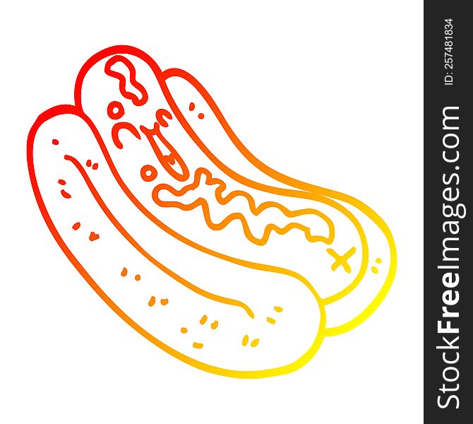 warm gradient line drawing of a cartoon hotdog in bun with ketchup