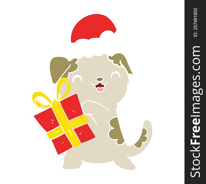 cute flat color style cartoon puppy with christmas present and hat