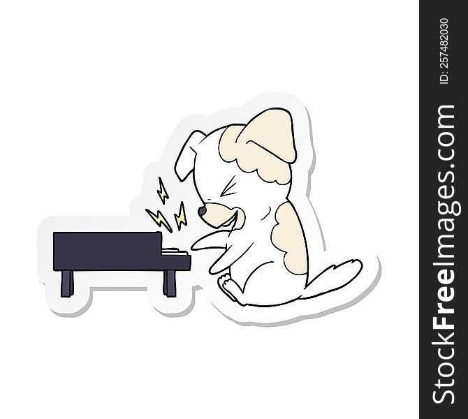 sticker of a cartoon dog rocking out on piano