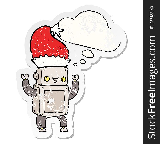 cartoon christmas robot with thought bubble as a distressed worn sticker
