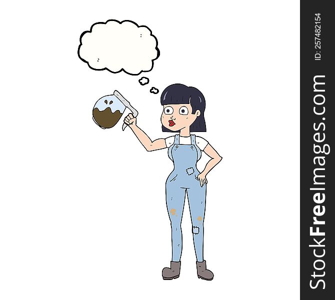 freehand drawn thought bubble cartoon woman in dungarees with coffee