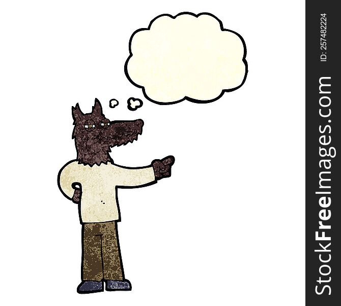 Cartoon Pointing Wolf Man With Thought Bubble