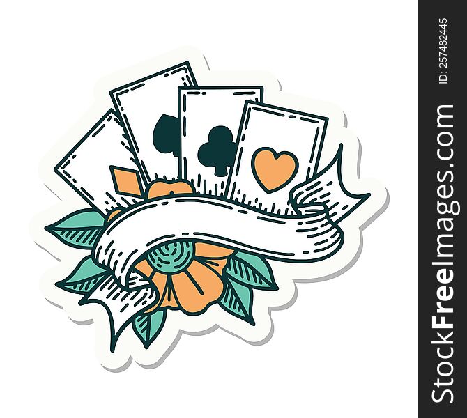 Tattoo Style Sticker Of Cards And Banner