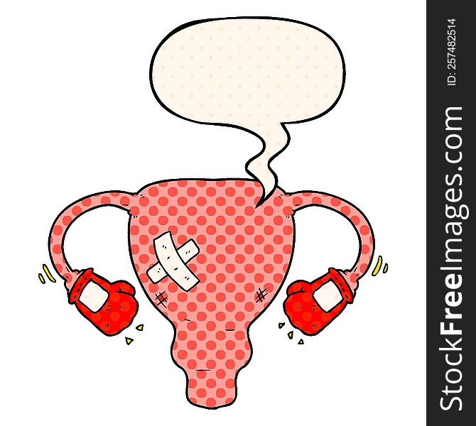 Cartoon Beat Up Uterus And Boxing Gloves And Speech Bubble In Comic Book Style