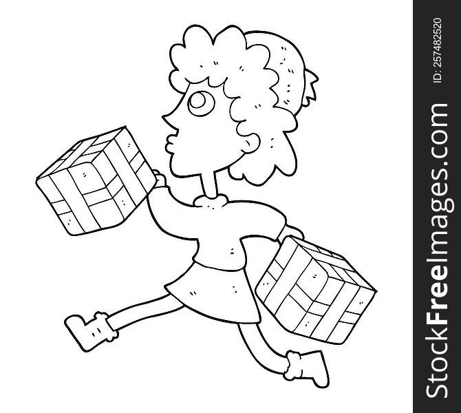 Black And White Cartoon Running Woman With Presents