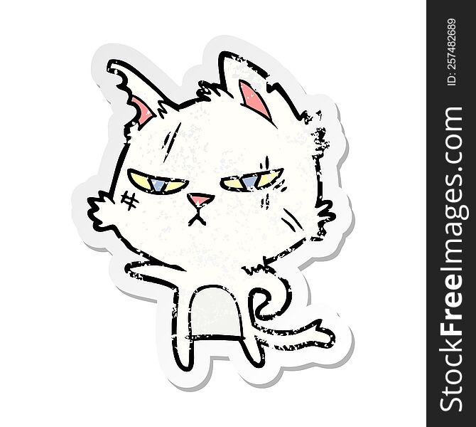 Distressed Sticker Of A Tough Cartoon Cat Pointing