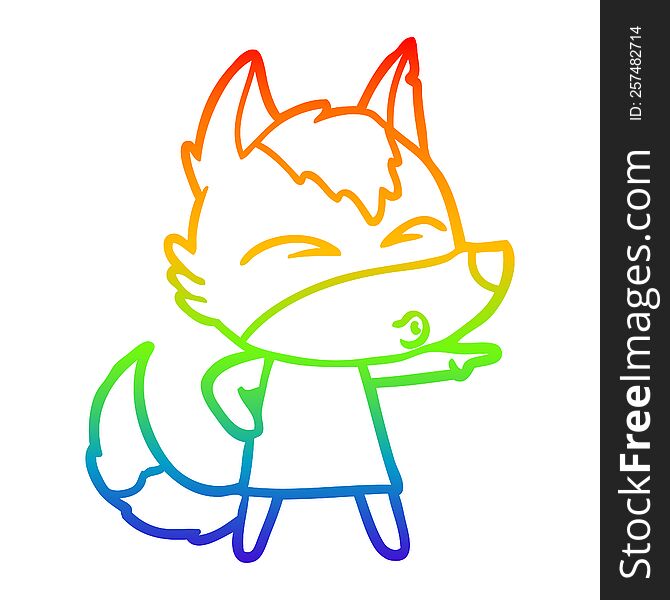 Rainbow Gradient Line Drawing Cartoon Wolf Girl Whistling And Pointing