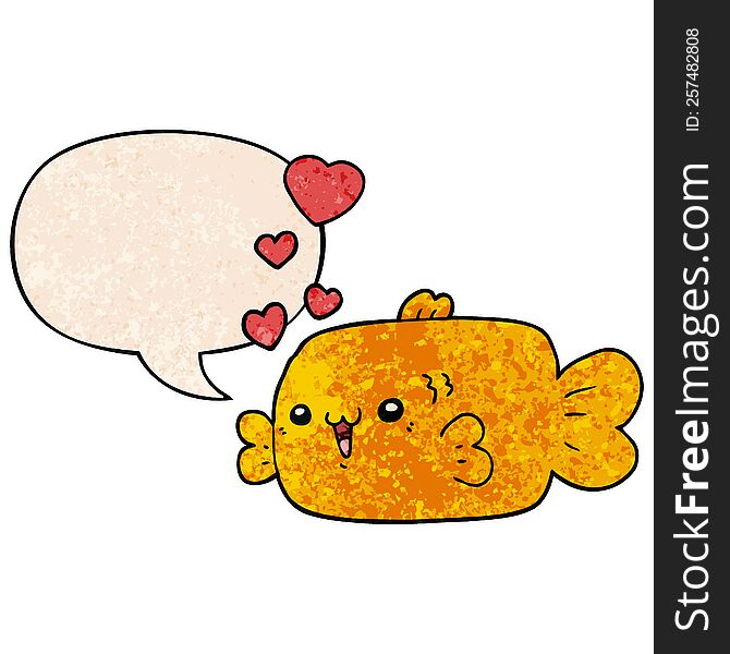 cute cartoon fish and love hearts and speech bubble in retro texture style