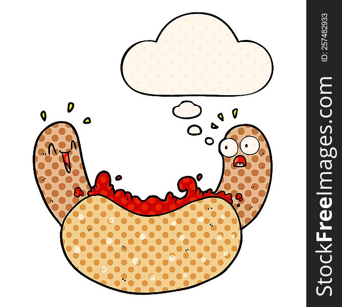 cartoon hotdog with thought bubble in comic book style