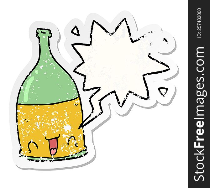cartoon wine bottle with speech bubble distressed distressed old sticker. cartoon wine bottle with speech bubble distressed distressed old sticker