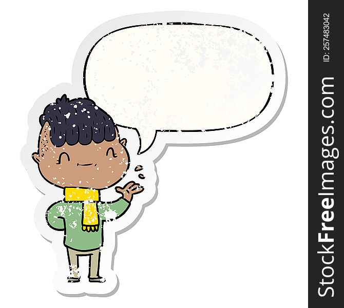 Cartoon Friendly Boy And Speech Bubble Distressed Sticker