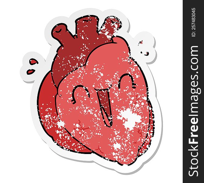distressed sticker of a cartoon heart laughing