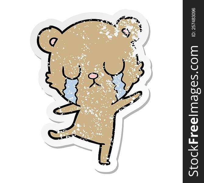 distressed sticker of a crying cartoon bear doing a sad dance