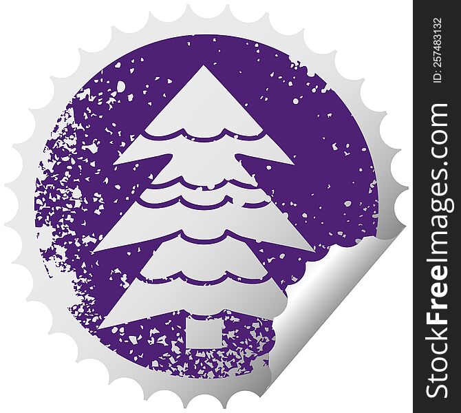 distressed circular peeling sticker symbol of a snow covered tree