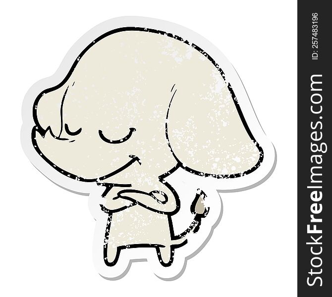 Distressed Sticker Of A Cartoon Smiling Elephant With Crossed Arms