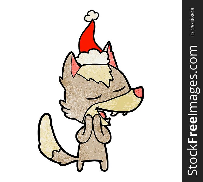 Textured Cartoon Of A Wolf Laughing Wearing Santa Hat