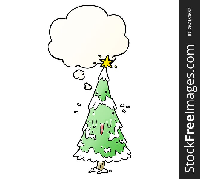 cartoon christmas tree with thought bubble in smooth gradient style