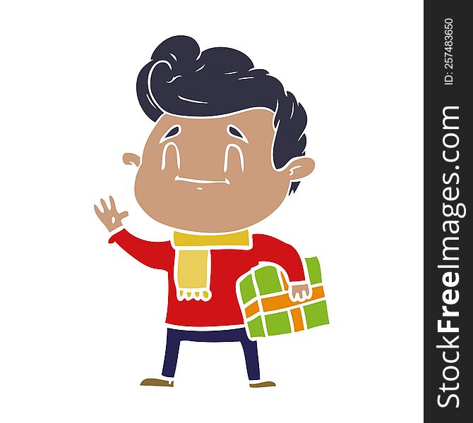 happy flat color style cartoon man with gift
