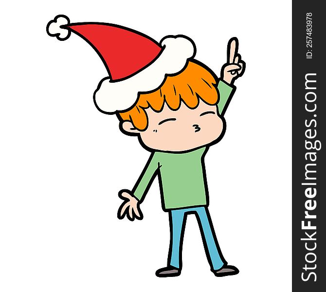 hand drawn line drawing of a curious boy wearing santa hat